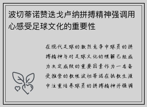波切蒂诺赞迭戈卢纳拼搏精神强调用心感受足球文化的重要性
