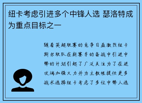 纽卡考虑引进多个中锋人选 瑟洛特成为重点目标之一